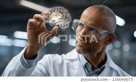 Scientist examining holographic AI brain in laboratory with advanced futuristic technology, concept of future and research 126049075