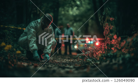 Forensic expert investigating crime scene in forest at night for evidence collection and analysis, concept of murder and detective 126049090