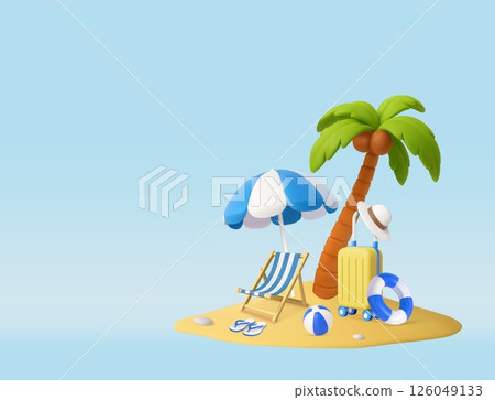 3d Tropical Beach Vacation Setup with blue Umbrella and Palm 126049133