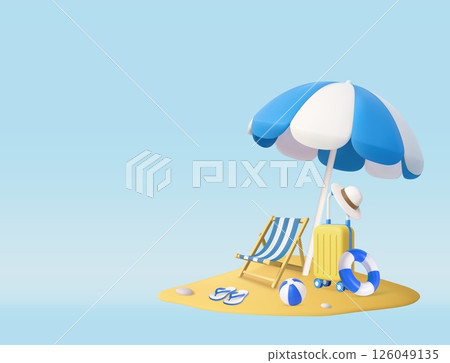 3d Tropical Beach Vacation Setup with blue Umbrella 126049135