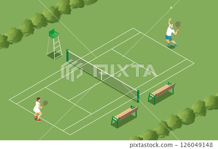 Isometric illustration of two diverse tennis players competing on a green outdoor court with net benches trees and umpire chair in summer sports setting Isometric illustration of two diverse tennis players competing on a green outdoor court with net benches trees and umpire chair in summer sports setting 126049148