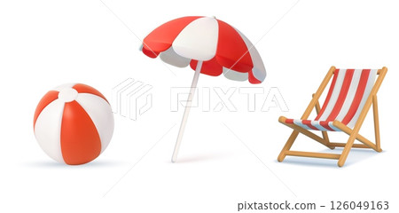3d Beach Ball, Umbrella and Deck Chair on White 3d Beach Ball, Umbrella and Deck Chair on White 126049163