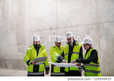 Team of engineers and construction workers reviewing blueprints, building site. 126049425