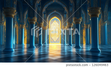 Grand palace blue interior of a historic hall with intricate designs and vibrant colors 126049463