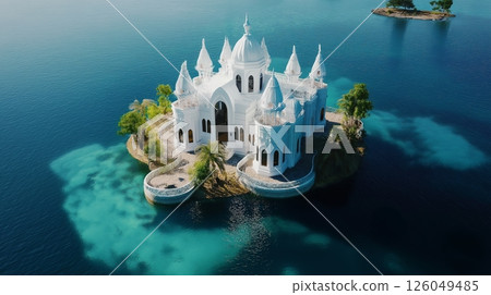 Mysterious castle on an isolated island surrounded by calm waters 126049485