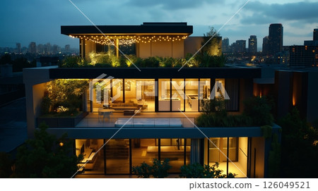 Modern rooftop garden illuminated by string lights in urban setting at night 126049521