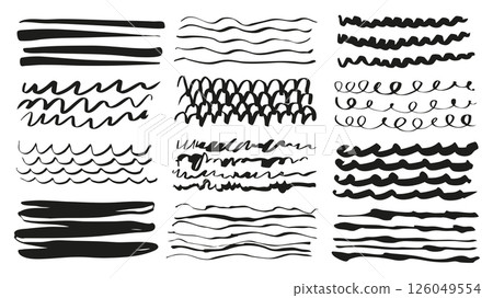 Handwriting underlines set of marker brush stroke texture. Doodle elements with grunge black pen outline freehand shapes dividers, flowing swirls and curves highlight borders. Vector illustration. 126049554