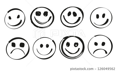 Emoji faces set of marker brush stroke texture. Doodle handwriting elements with black emoticons with smile, fun, sad, other positive and negative facial expression feelings. Vector illustration. 126049562