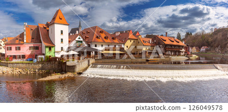 Riverside houses and Vltava River in Cesky Krumlov, Czech Republic 126049578
