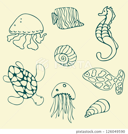 Sea World Life doodle line set. Hand drawn childlike graphic, ink brush contour stroke isolated elements. Cartoon sketch style design, outline cute illustration, white background. Vector 126049590