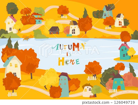 Cozy autumn countryside village surrounded by a garden and trees 126049719