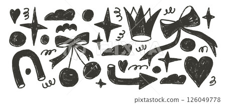 Charcoal drawn silhouette shapes set. Naive girly black doodle figures on white background. Crown, cherry, bow and geometric forms linocut elements. Vector illustration by pencil 126049778