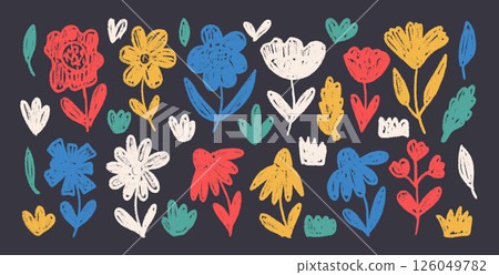 Simple flowers crayon drawn set. Naive floral chalk doodles isolated on dark background. Daisy, poppy, grass, leaves sketch elements. Vector childish style wildflowers illustration by pencil 126049782