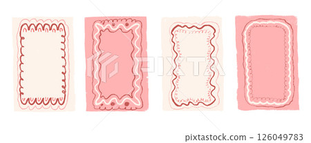 Wavy vintage frames pencil hand drawn set. Scallop groovy rectangle borders by crayon isolated on white background. Wobbly y2k decorative callouts elements. Vector retro doodle blank illustration 126049783
