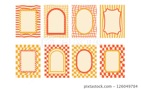 Geometric funky scallop text boxes frames set. Wavy groovy arch, rectangle borders isolated on checkered and uneven lines background. Wobbly y2k decorative callouts. Vector retro blank illustration 126049784