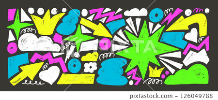 Playful geometric shapes neon crayon drawn set. Stars, crown, arrows and vector figures by highlight marker. Colorful playful stickers doodle on dark background. Graphic hand drawn funky elements Playful geometric shapes neon crayon drawn set. Stars, crown, arrows and vector figures by highlight marker. Colorful playful stickers doodle on dark background. Graphic hand drawn funky elements 126049788