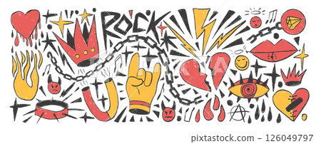 Rock and roll girly crayon drawn set. Punk coquette breaking heart doodle background. Scribble grunge poster elements. Broken heart, crown and sketch stars. Vector illustration by pencil isolated Rock and roll girly crayon drawn set. Punk coquette breaking heart doodle background. Scribble grunge poster elements. Broken heart, crown and sketch stars. Vector illustration by pencil isolated 126049797