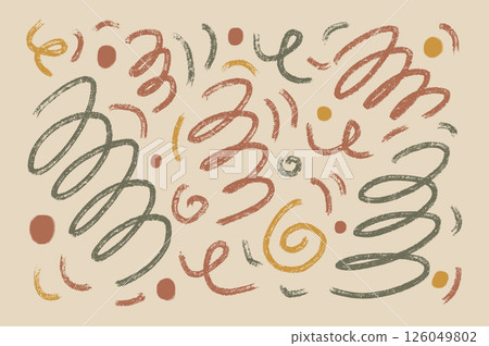 Pencil neutral earth colors wave lines and circles. Hand drawn japandi wall interior art set. Vector grunge brush strokes and dots collection. Twisted spirals drawn with marker on beige background 126049802