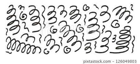 Charcoal scribble wavy shapes. Squiggle hand drawn confetti set. Vector black and white grunge crayon brush strokes lines collection. Curve and swirls vector doodle elements. Curly ink brush spirals 126049803