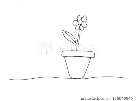 Flower in a pot, one line drawing vector illustration. Flower in a pot, one line drawing vector illustration. 126049840