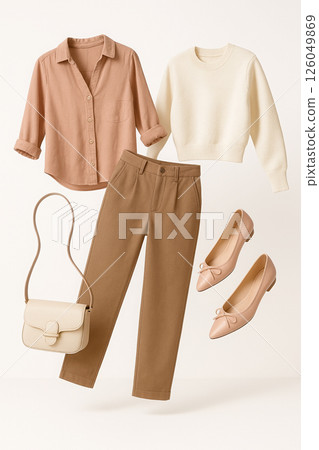A stylish floating composition featuring a beige sweater, soft pink blouse, brown pants, beige handbag, and matching beige ballet flats 126049869