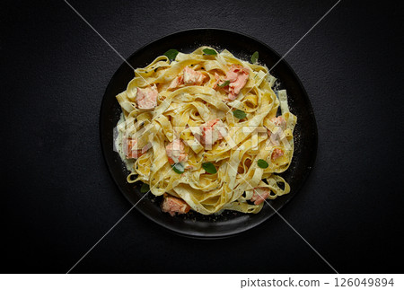 tagliatelle pasta, in cream sauce with salmon, homemade, no people, tagliatelle pasta, in cream sauce with salmon, homemade, no people, 126049894