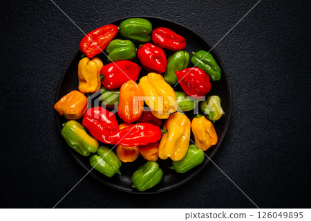 habanero pepper, color mix, raw, vegetable, top view, no people, 126049895