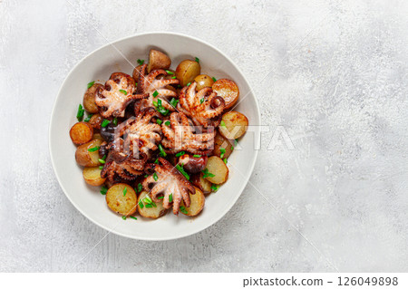baby grilled octopus with golden baked potatoes and fresh herbs, Maltese cuisine, homemade, no people, baby grilled octopus with golden baked potatoes and fresh herbs, Maltese cuisine, homemade, no people, 126049898
