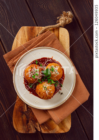 Crispy Arancini appetizer, with parmesan cheese and microgreens, plate, tomato sauce, homemade, no people, Crispy Arancini appetizer, with parmesan cheese and microgreens, plate, tomato sauce, homemade, no people, 126049935