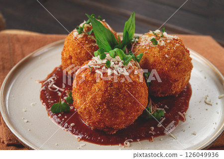 Crispy Arancini appetizer, with parmesan cheese and microgreens, plate, tomato sauce, homemade, no people, Crispy Arancini appetizer, with parmesan cheese and microgreens, plate, tomato sauce, homemade, no people, 126049936