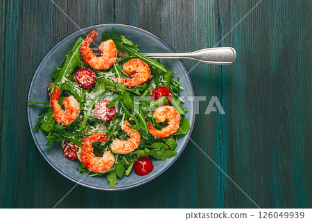 Shrimp salad with arugula and cherry tomatoes, with parmesan cheese, healthy food, Shrimp salad with arugula and cherry tomatoes, with parmesan cheese, healthy food, 126049939