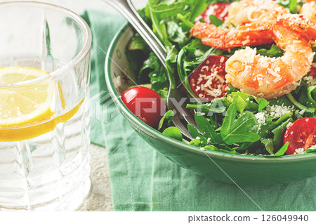 Shrimp salad with arugula and cherry tomatoes, with parmesan cheese, healthy food, Shrimp salad with arugula and cherry tomatoes, with parmesan cheese, healthy food, 126049940