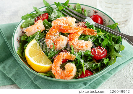 Shrimp salad with arugula and cherry tomatoes, with parmesan cheese, healthy food, Shrimp salad with arugula and cherry tomatoes, with parmesan cheese, healthy food, 126049942