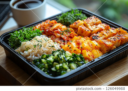 Korean-style lunch box with bibimbap ingredients, kimchi and pickled radish. Container with dosirak. Korean-style lunch box with bibimbap ingredients, kimchi and pickled radish. Container with dosirak. 126049988