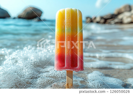 Popsicle with rainbow colors on a long stick on a summer background. Summer fun. Retro style. Popsicle with rainbow colors on a long stick on a summer background. Summer fun. Retro style. 126050026