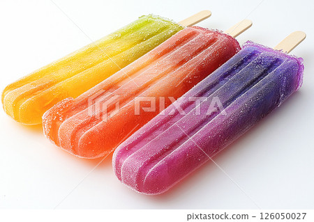Popsicle with rainbow colors on a long stick on a white background. Summer fun. Retro style. 126050027