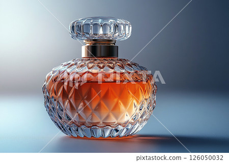 Perfume bottle with glossy on its glass surface, conveying elegance and sophistication. Ideal for high-end perfume advertisements. 126050032