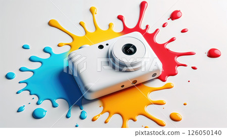 White camera on vibrant paint splashes, creative photography White camera on vibrant paint splashes, creative photography 126050140