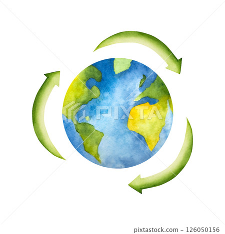 Planet earth with Arrow symbol. Watercolor hand drawn earth day globe, brown recycling sign illustration isolated on background. Agriculture, organic gardening, planting or ecology. Environmental 126050156