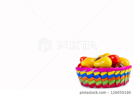 Assorted colorful cherry tomatoes crop on the white background. Assorted colorful cherry tomatoes crop on the white background. 126050180