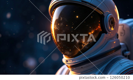Space explorer's helmet reflecting glowing cosmic stars 126050210