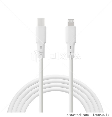 white cable for charging and synchronization with Type - C and Lightning connectors on a white isolated background white cable for charging and synchronization with Type - C and Lightning connectors on a white isolated background 126050217