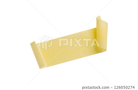 Yellow painter's tape isolated on white background, macro. Torn, crumpled, twisted strips of yellow painter's tape on white background Yellow painter's tape isolated on white background, macro. Torn, crumpled, twisted strips of yellow painter's tape on white background 126050274