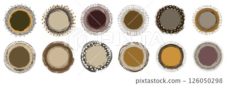 Hand painted round vector texture shapes labels, frames and borders with brown and beige lines, dots, scribbles abstract graphic design elements 126050298