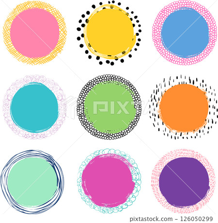 Hand drawn colorful modern labels with lines and dots for kids product packaging for the food, cosmetic and health industry Hand drawn colorful modern labels with lines and dots for kids product packaging for the food, cosmetic and health industry 126050299