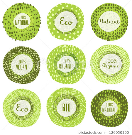 Round vector organic, bio or eco labels for healthy food packaging, cosmetics and product design 126050300