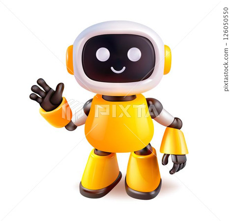 A cheerful yellow robot enthusiastically waves his hand while smiling 126050550