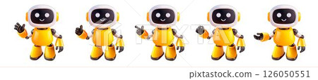Yellow and white robots in various poses on a white background 126050551