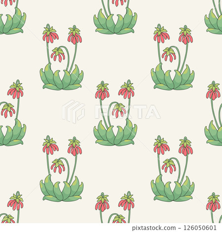 Seamless pattern with canary islands flowers parrot beaks in vintage millefleur style on white background Seamless pattern with canary islands flowers parrot beaks in vintage millefleur style on white background 126050601