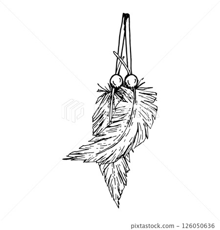 Vector drawing of two decorative feathers with beads on a string, in detailed ink style. This black and white illustration is suitable for boho wall art, interior prints, and home decoration projects. 126050636